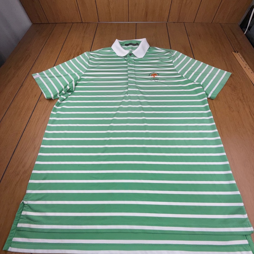 RLX Ralph Lauren Mens Green White Striped Golf Polo The Ocean Course Kiawah L